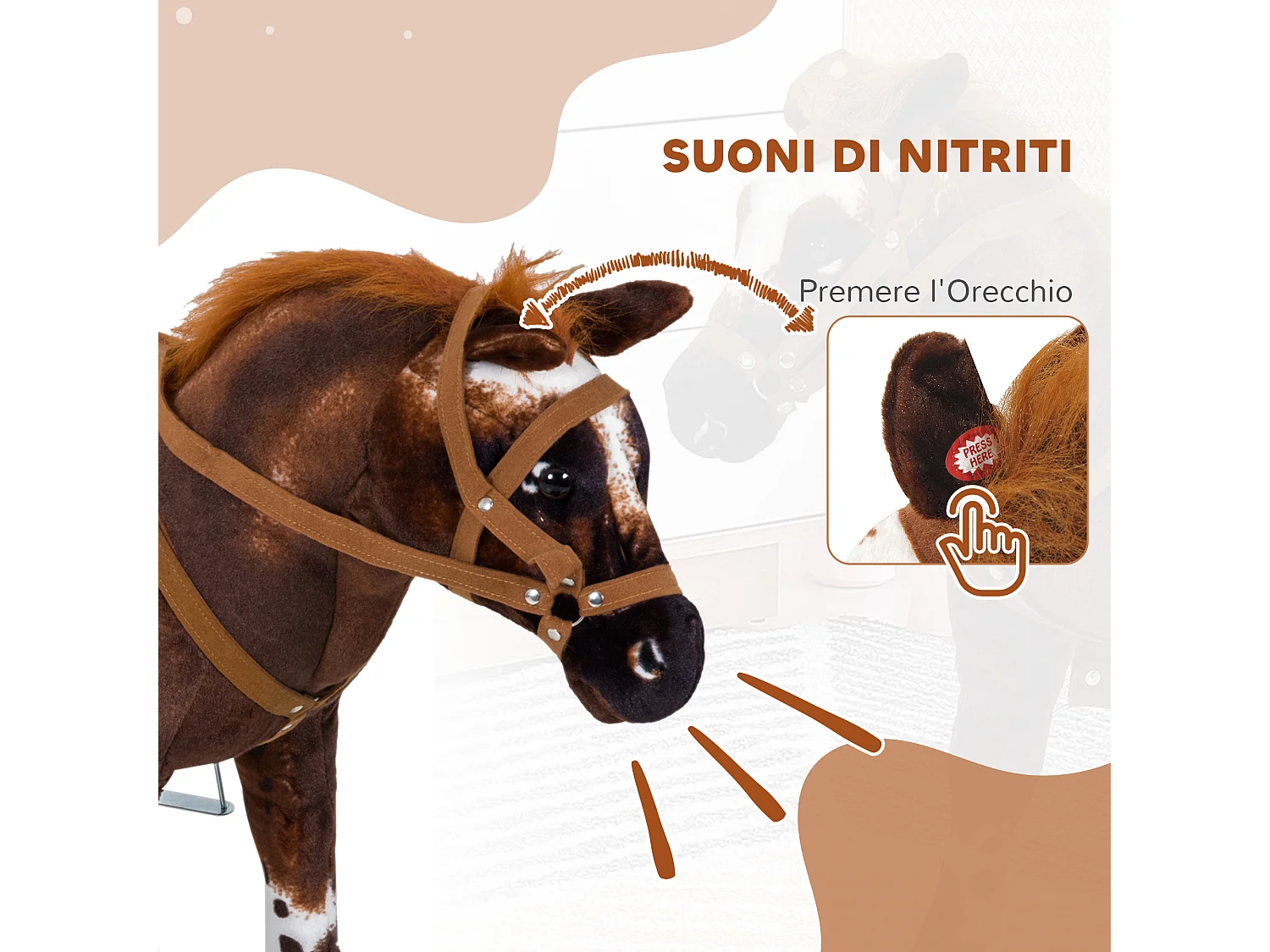 Cavallo a dondolo per bambini con nitrito, sella e staffe marrone