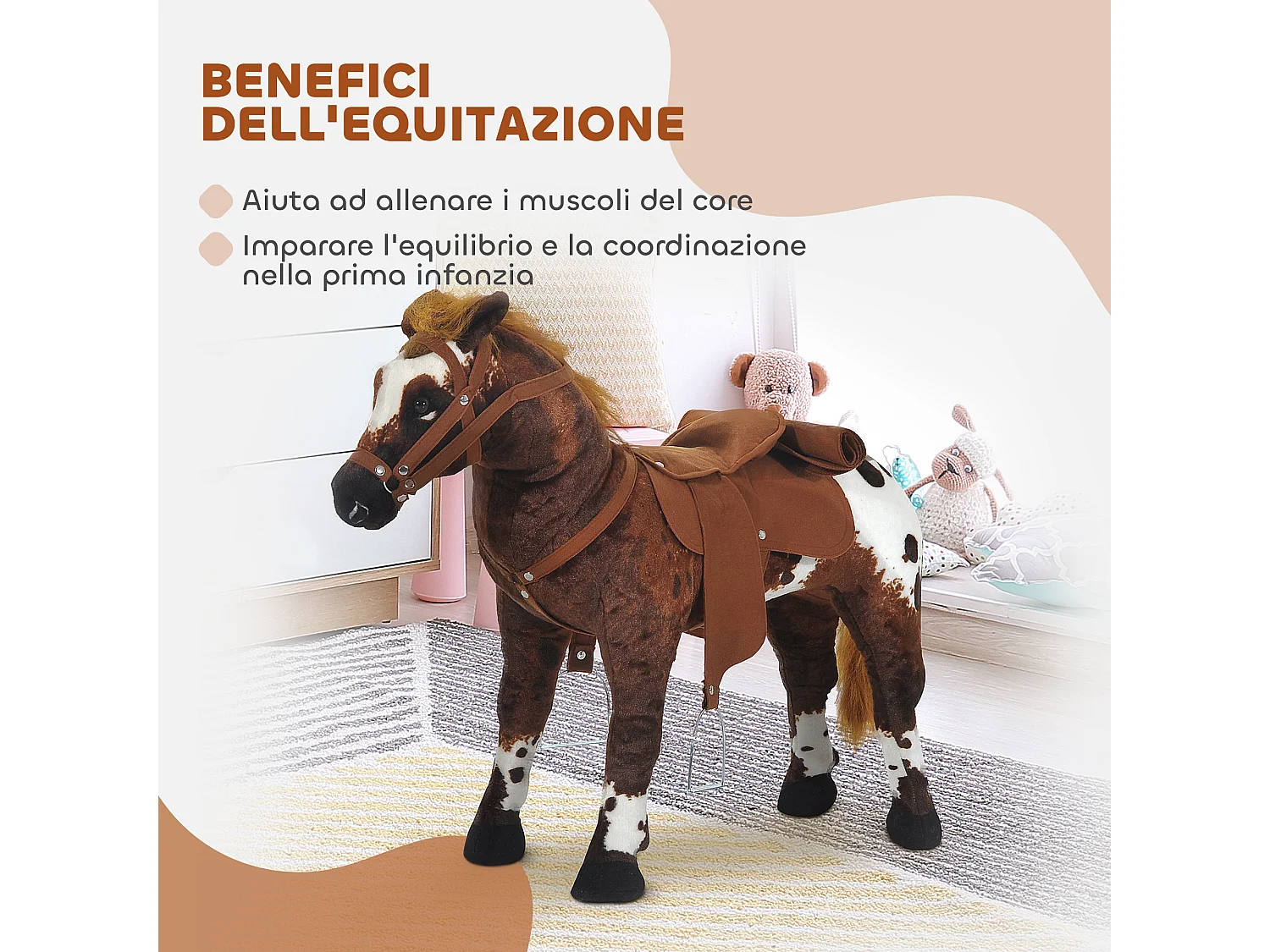 Cavallo a dondolo per bambini con nitrito, sella e staffe marrone