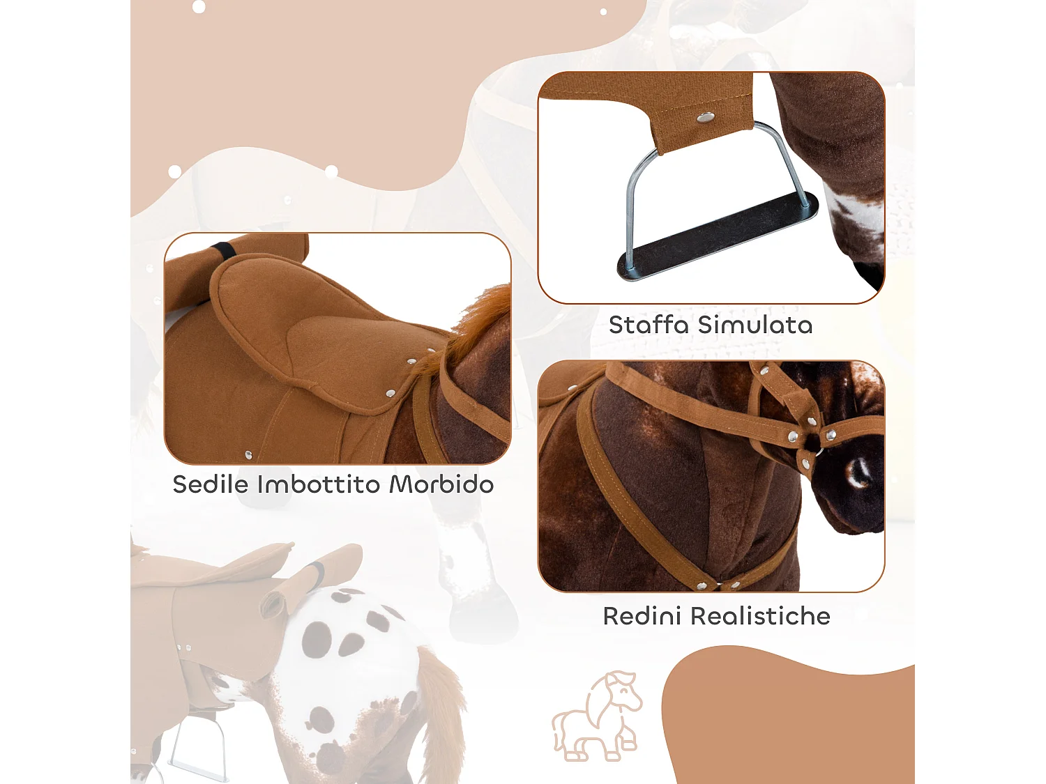 Cavallo a dondolo per bambini con nitrito, sella e staffe marrone