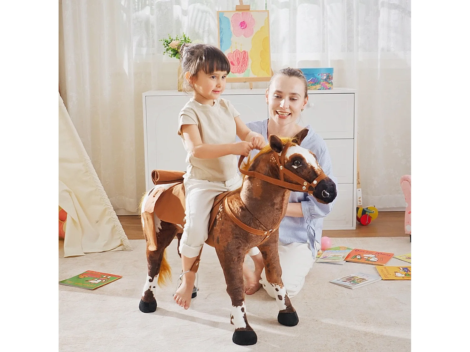 Cavallo a dondolo per bambini con nitrito, sella e staffe marrone
