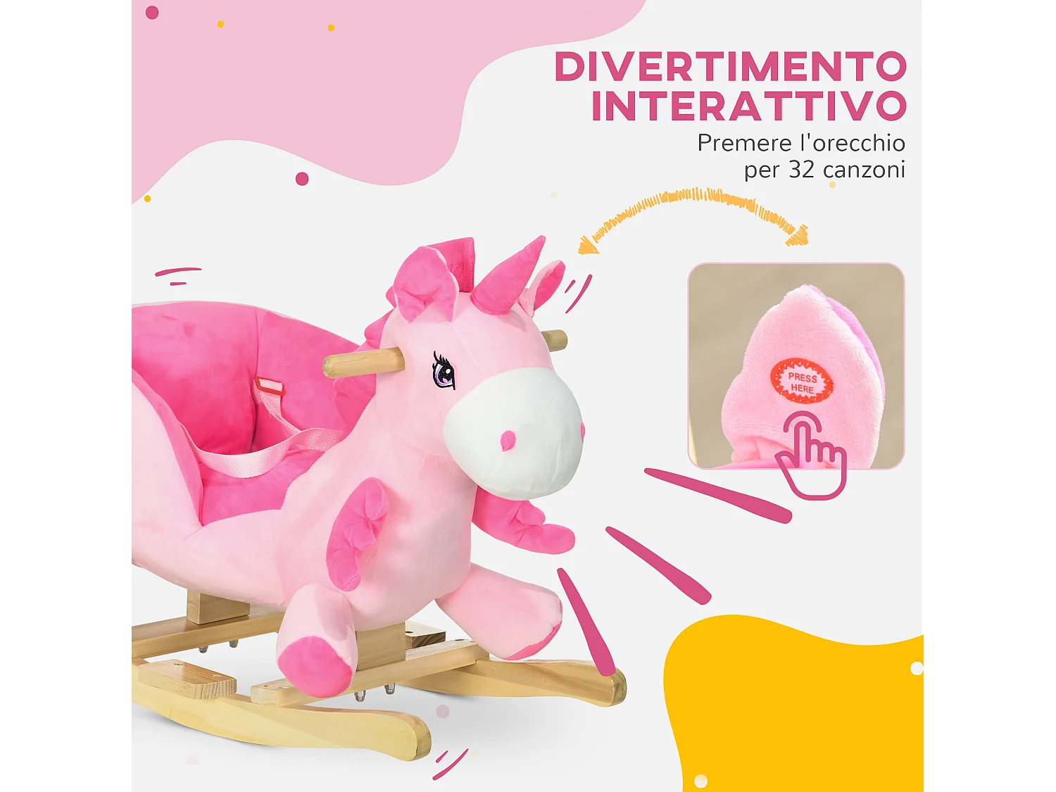 Unicorno a dondolo per bambini da 18-36 mesi con musiche e cintura