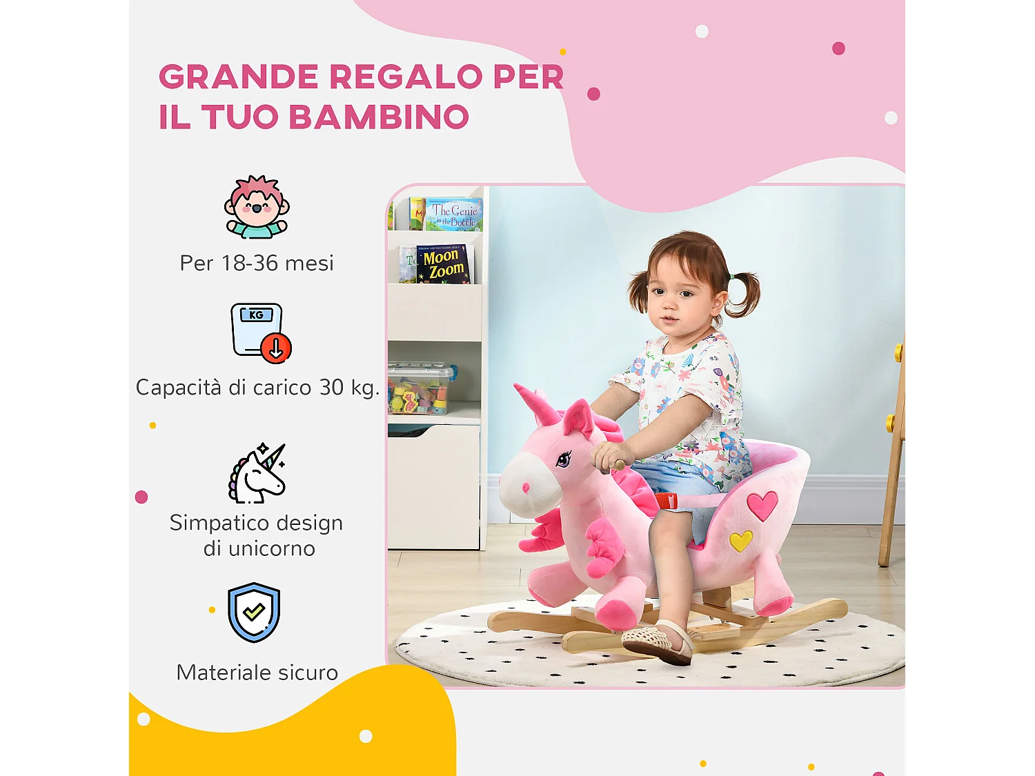 Unicorno a dondolo per bambini da 18-36 mesi con musiche e cintura