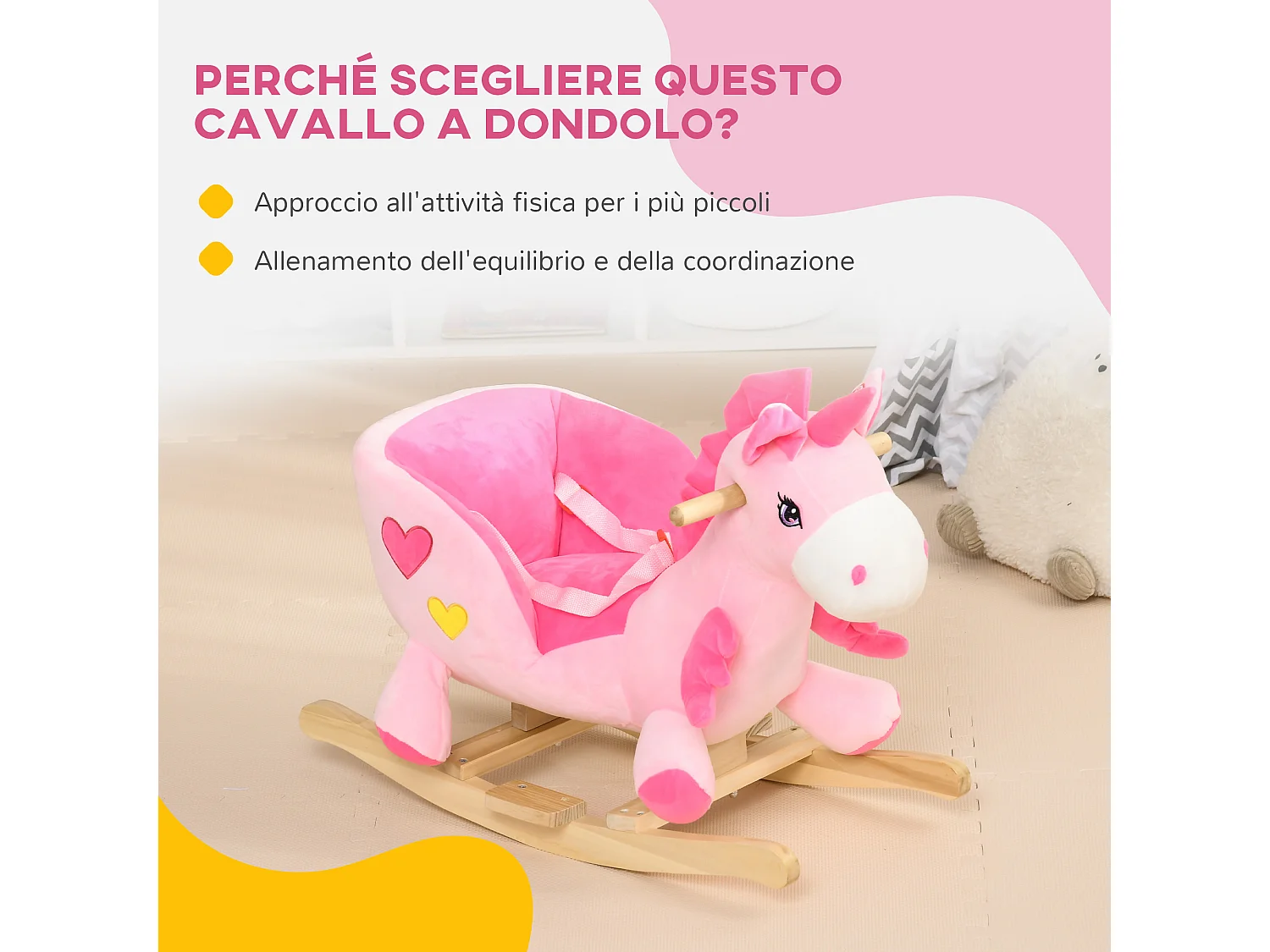 Unicorno a dondolo per bambini da 18-36 mesi con musiche e cintura