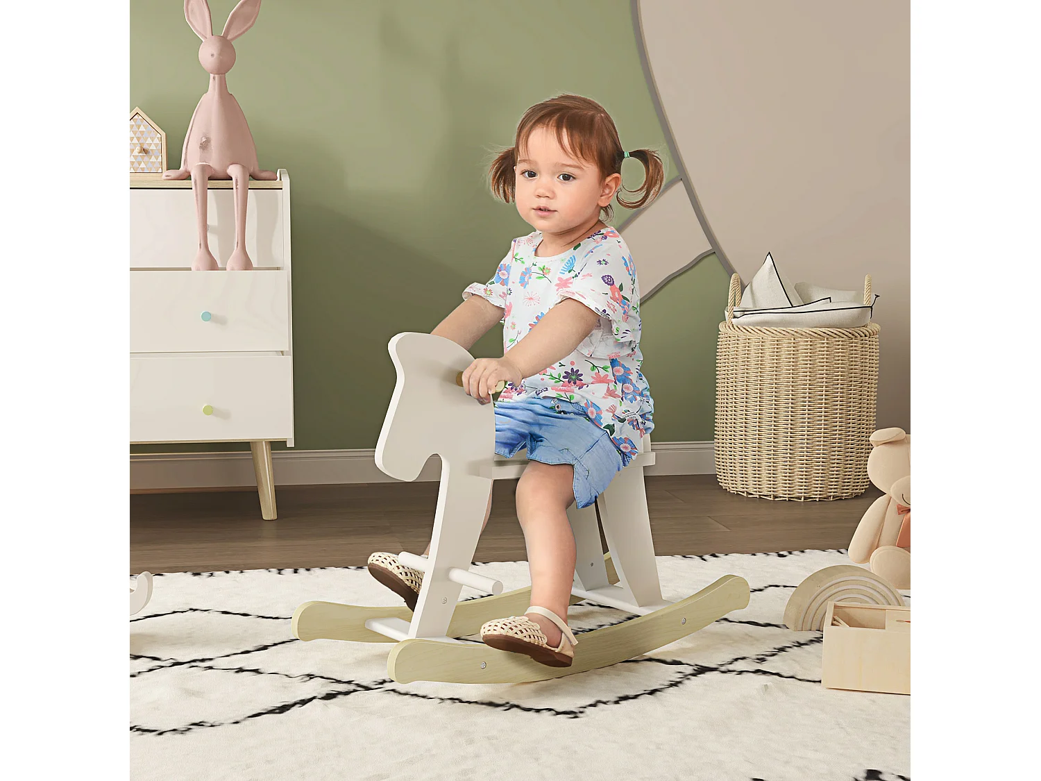 Cavallo a dondolo classico in legno bambini da 1-3 anni bianco