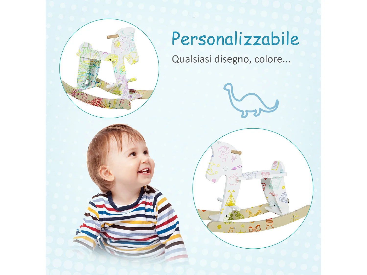 Cavallo a dondolo classico in legno bambini da 1-3 anni bianco