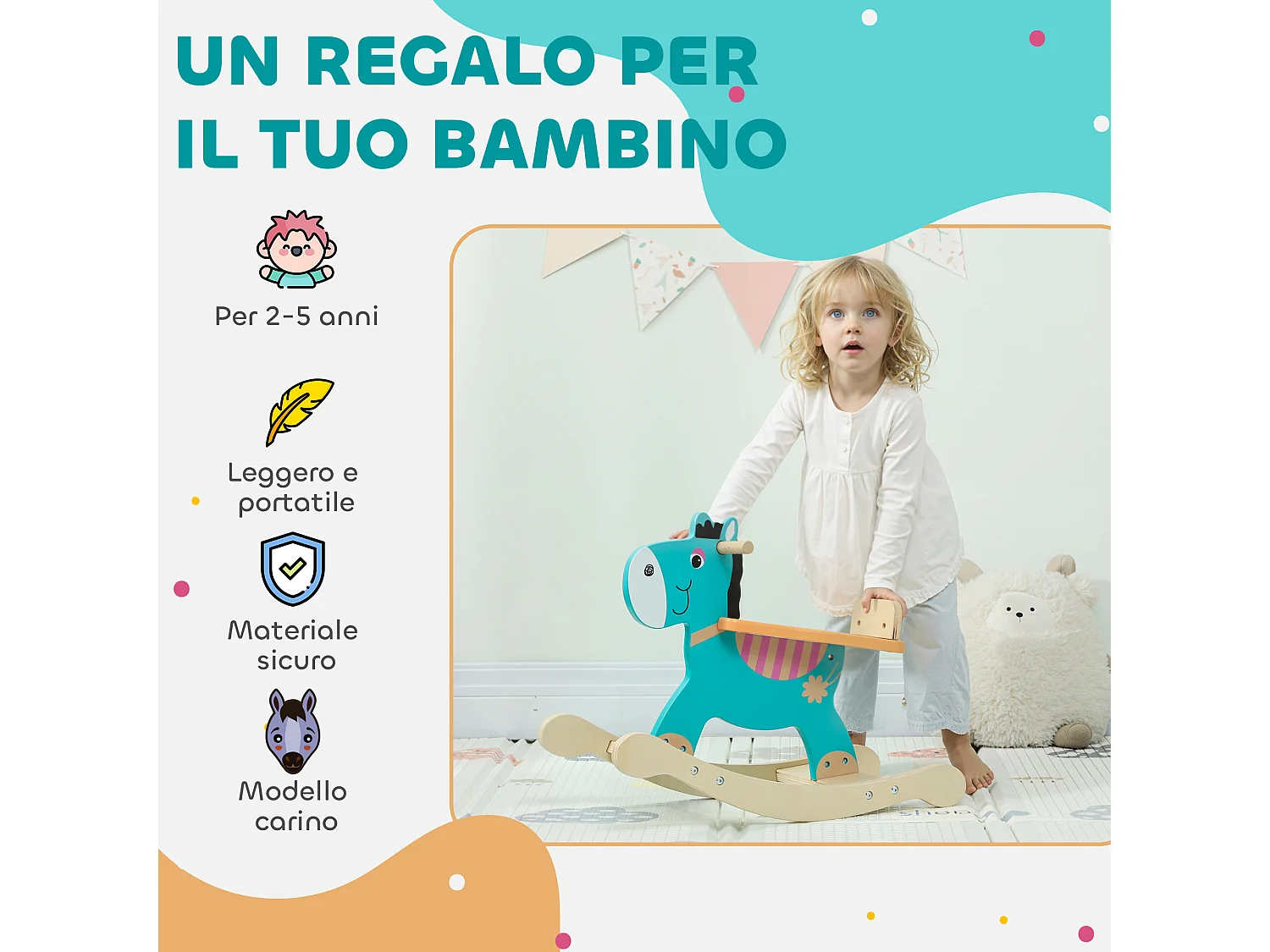 Cavallo a dondolo a forma di asino per bambini 2-5 anni 59x27x43 cm