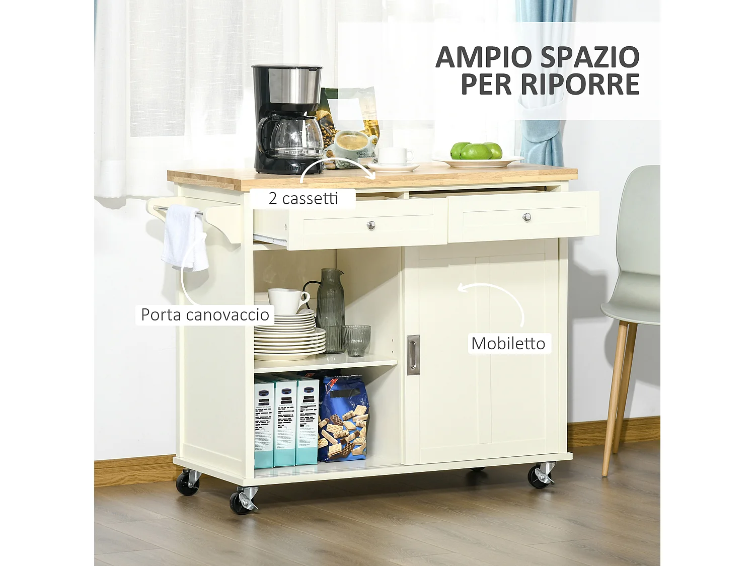 Isola per cucina con cassetti armadio e portasciugamani bianco