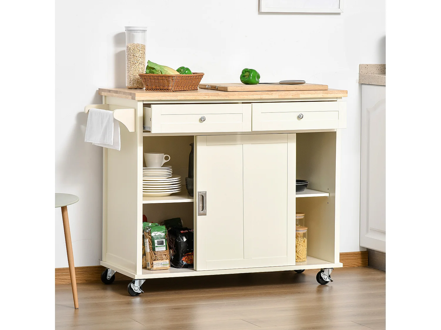 Isola per cucina con cassetti armadio e portasciugamani bianco