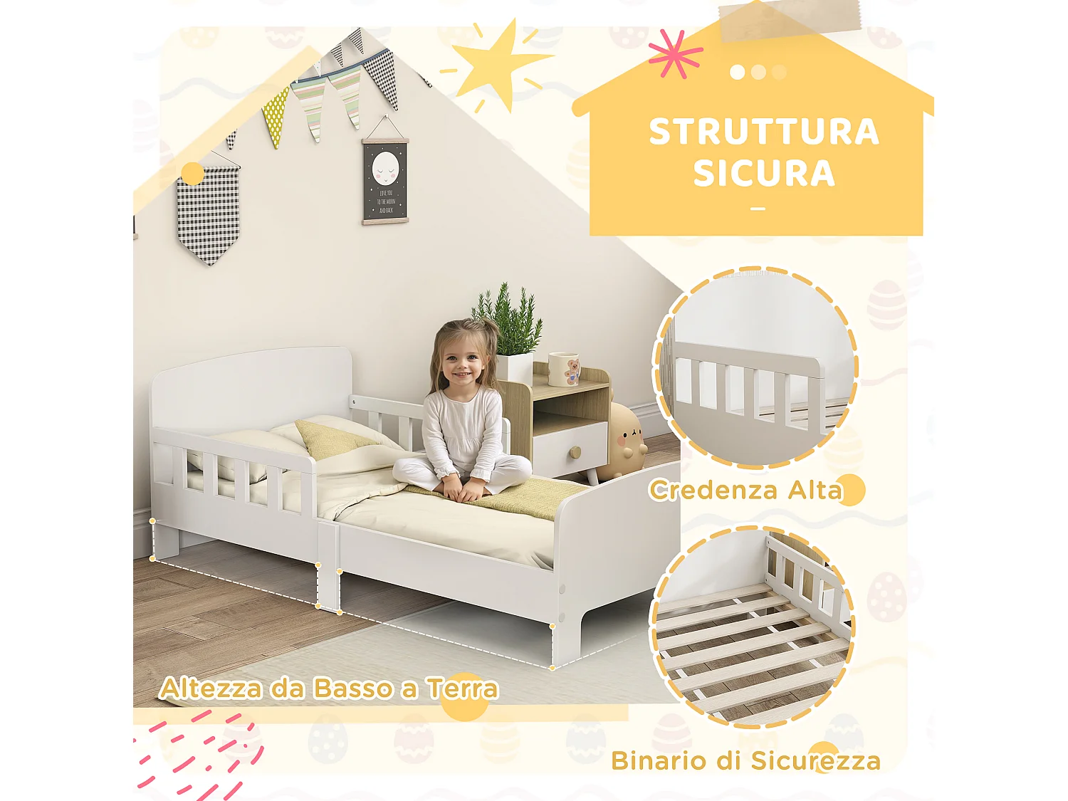 Letto per bambini 3-8 anni basso con sponde laterali in legno bianco