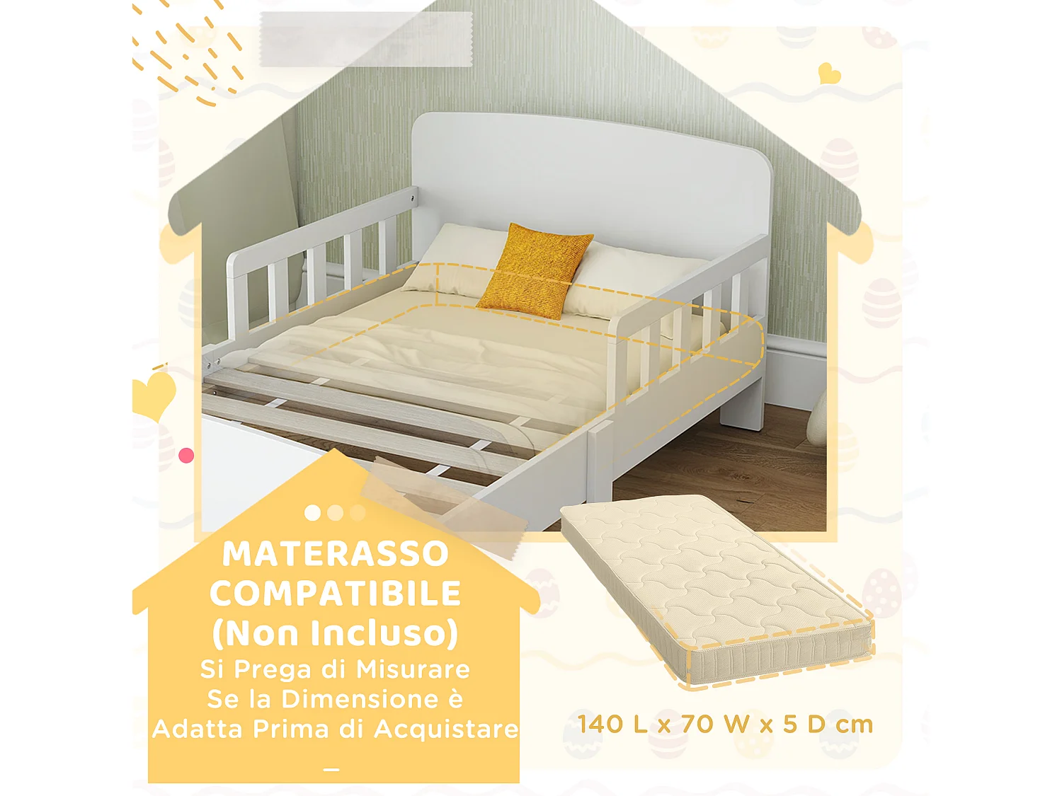 Letto per bambini 3-8 anni basso con sponde laterali in legno bianco