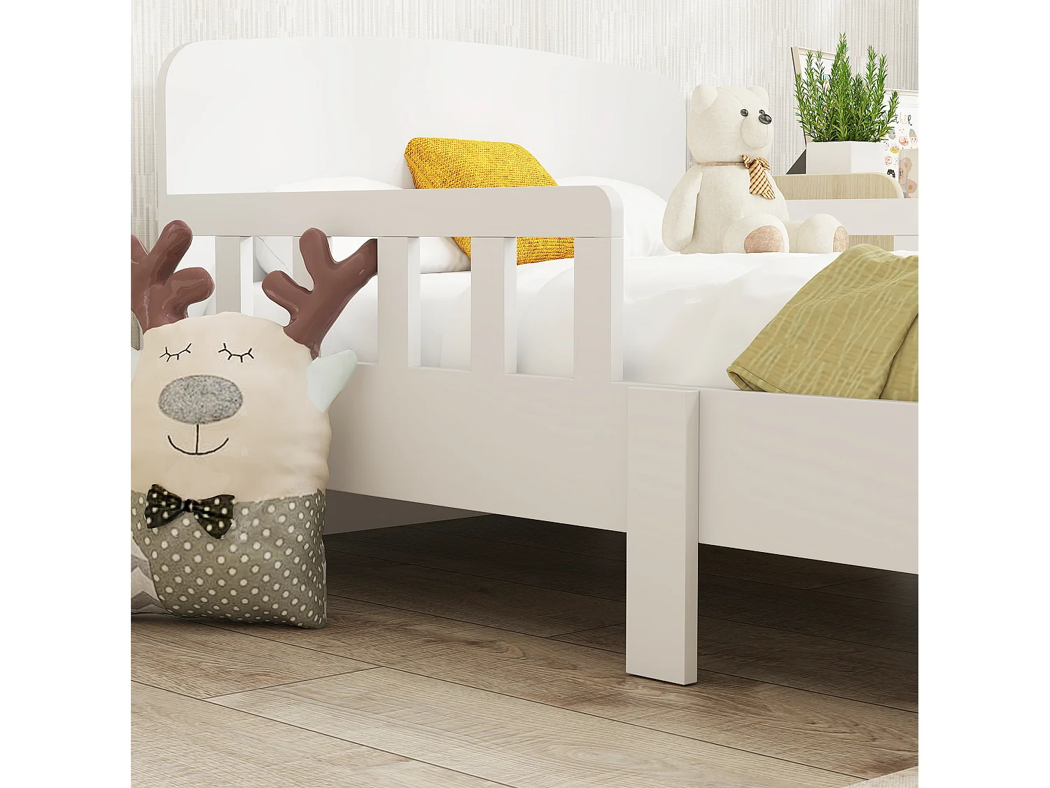Letto per bambini 3-8 anni basso con sponde laterali in legno bianco