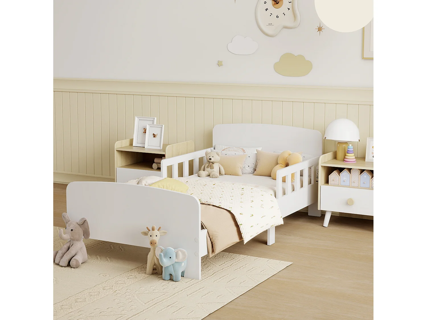 Letto per bambini 3-8 anni basso con sponde laterali in legno bianco