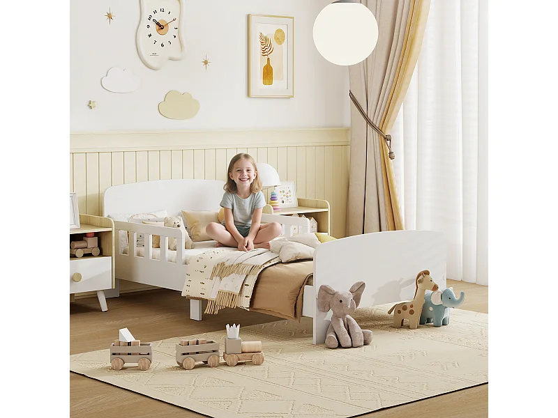 Letto per bambini 3-8 anni basso con sponde laterali in legno bianco