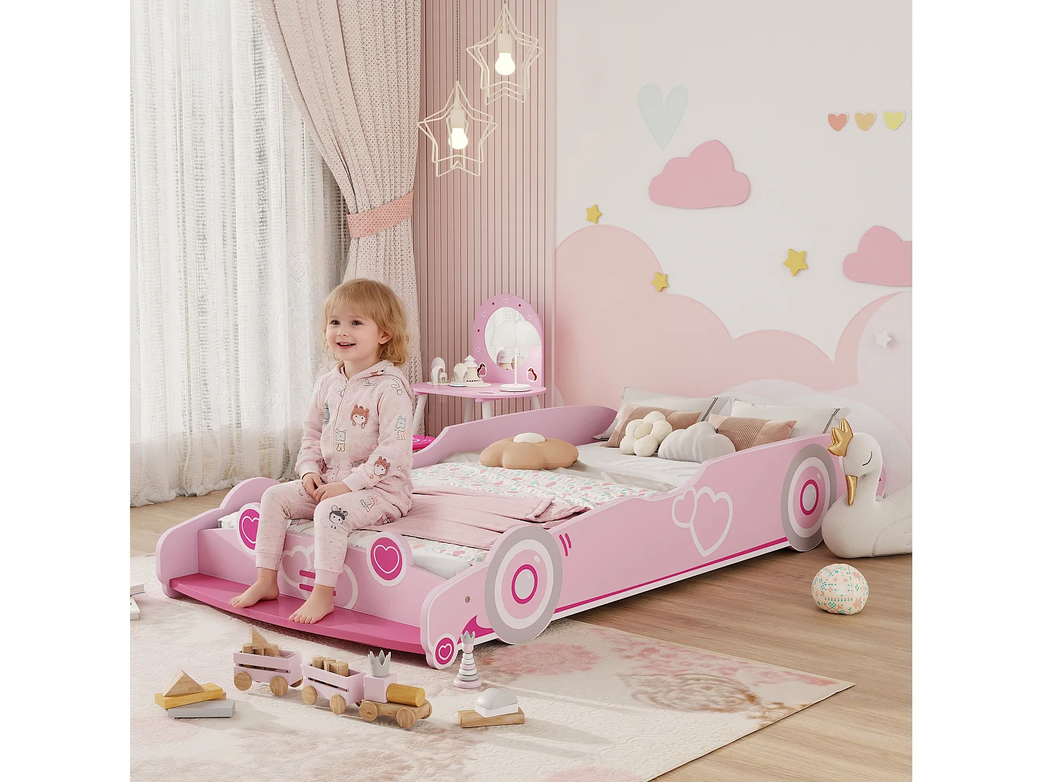 Letto per bambini a forma di macchina con sponde rialzate rosa