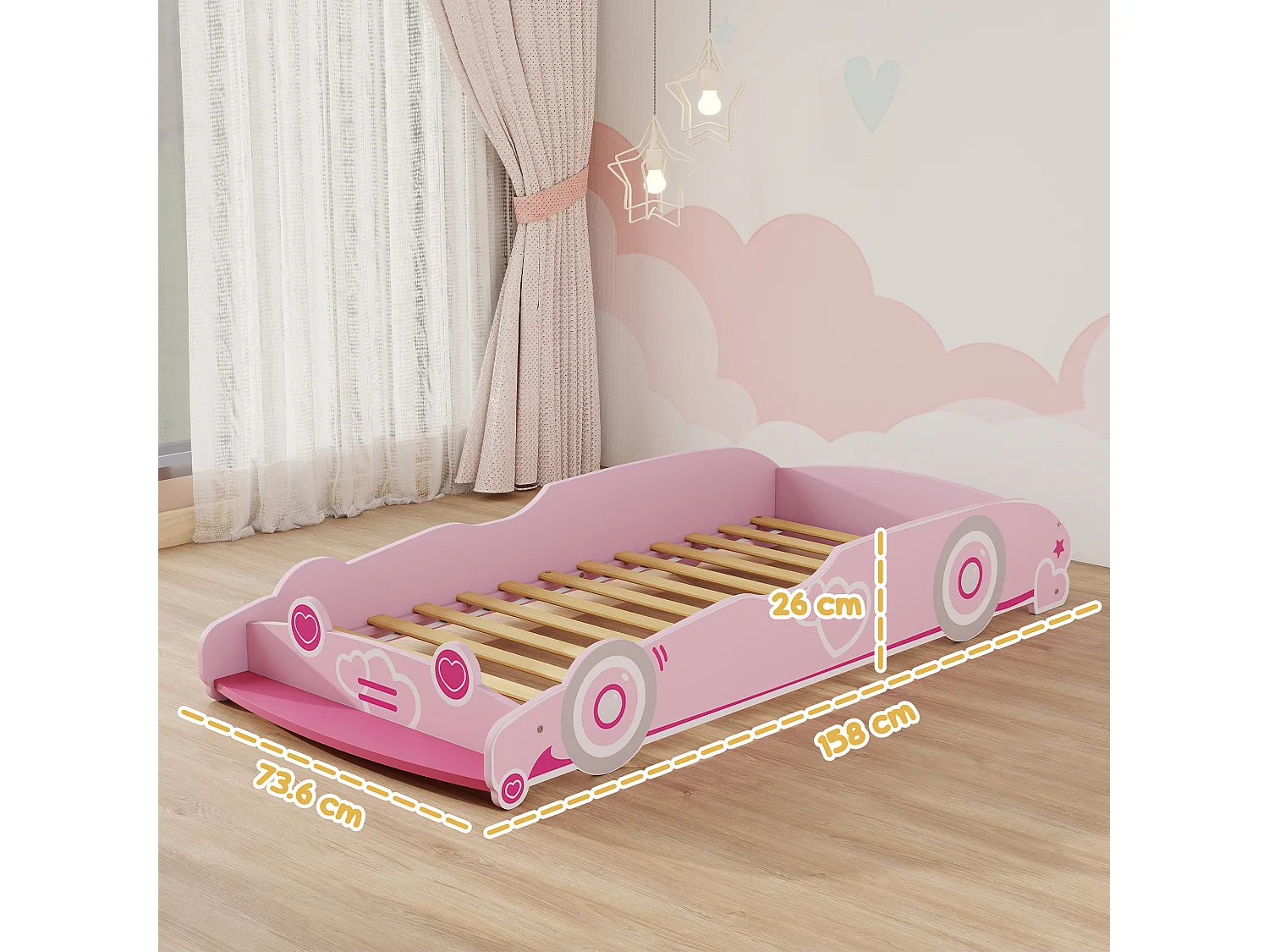 Letto per bambini a forma di macchina con sponde rialzate rosa