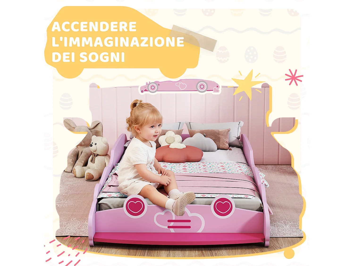 Letto per bambini a forma di macchina con sponde rialzate rosa
