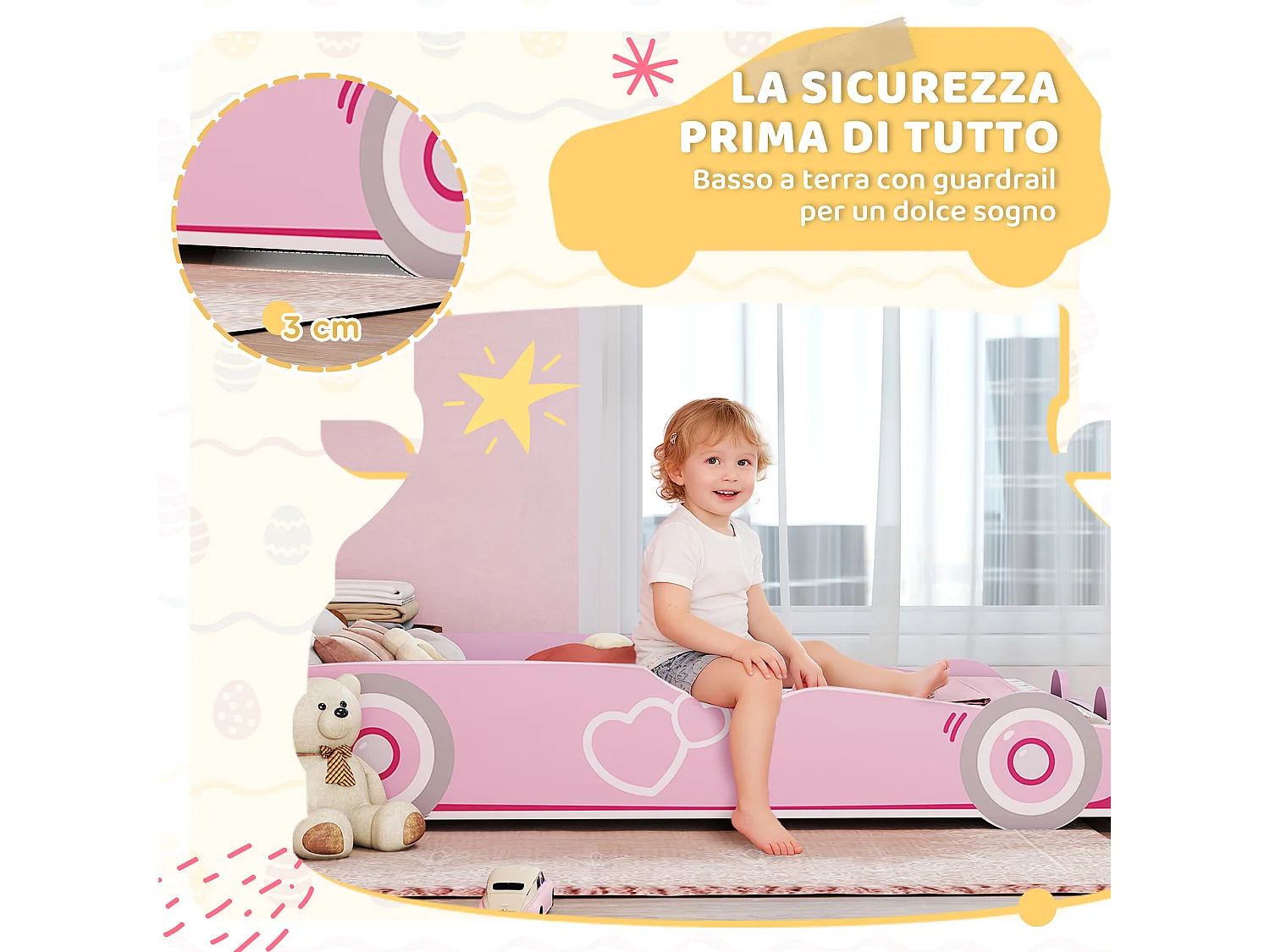 Letto per bambini a forma di macchina con sponde rialzate rosa