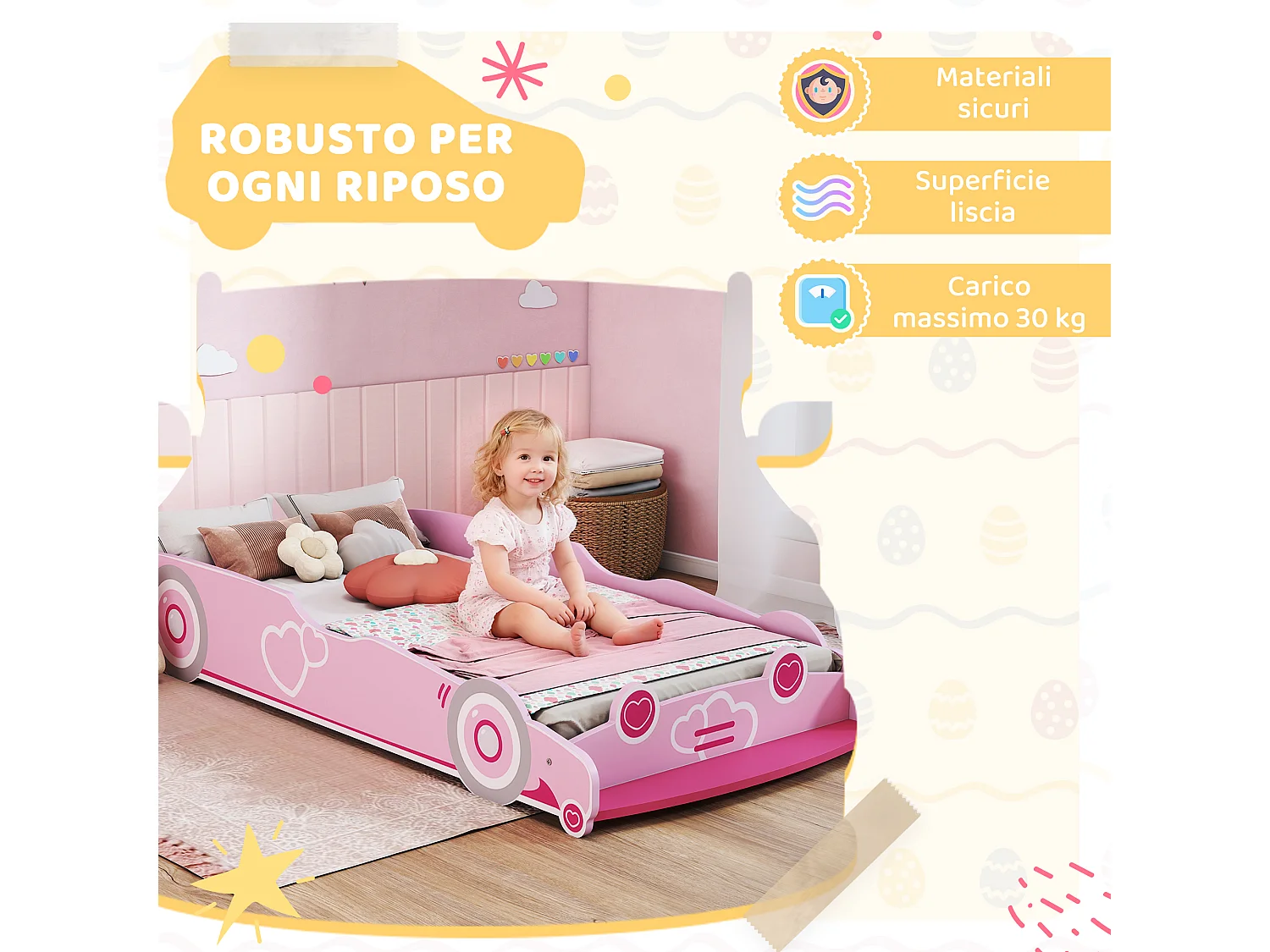 Letto per bambini a forma di macchina con sponde rialzate rosa