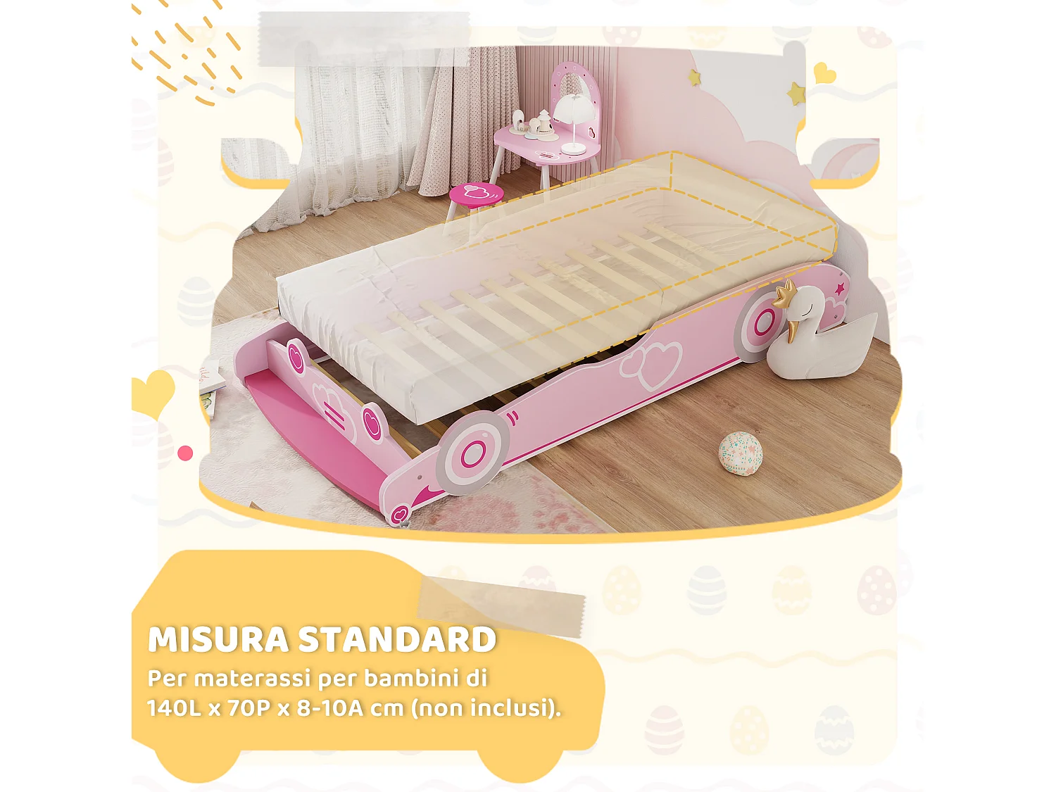 Letto per bambini a forma di macchina con sponde rialzate rosa