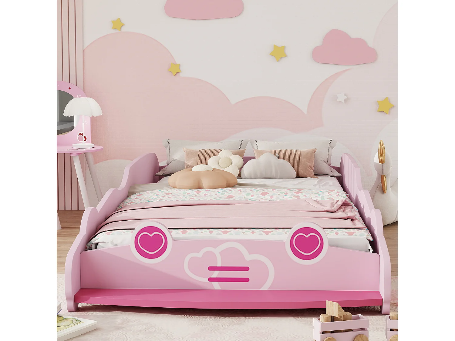Letto per bambini a forma di macchina con sponde rialzate rosa
