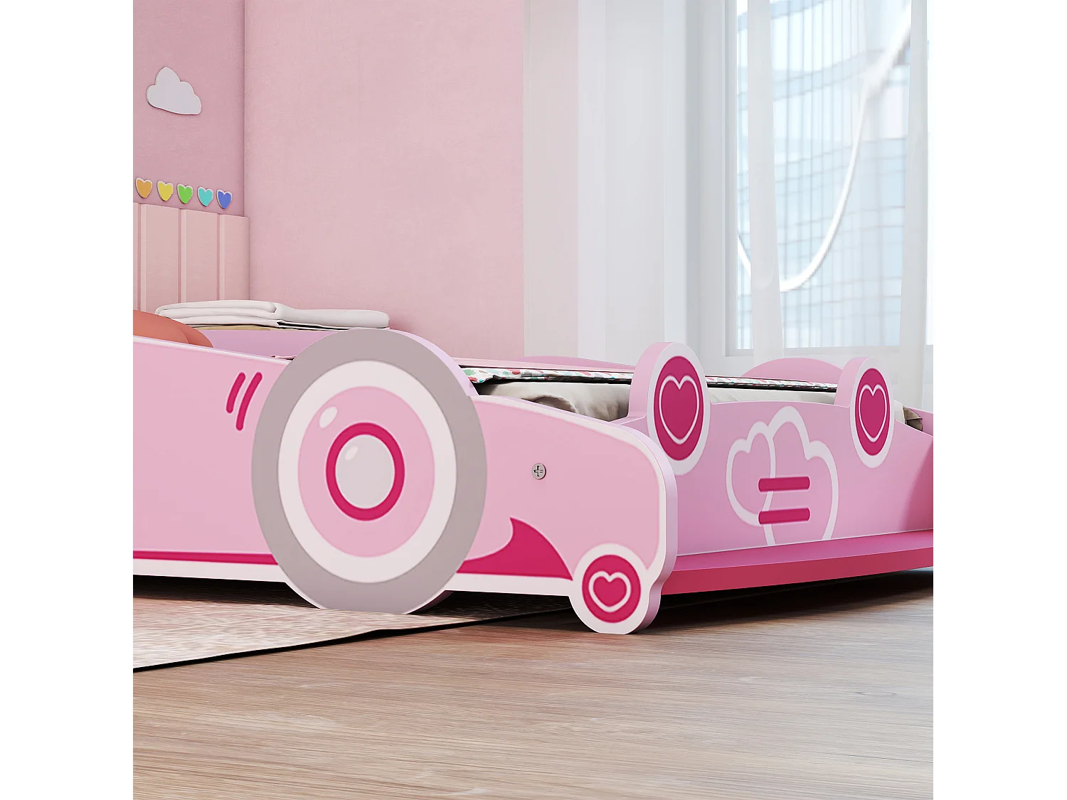 Letto per bambini a forma di macchina con sponde rialzate rosa