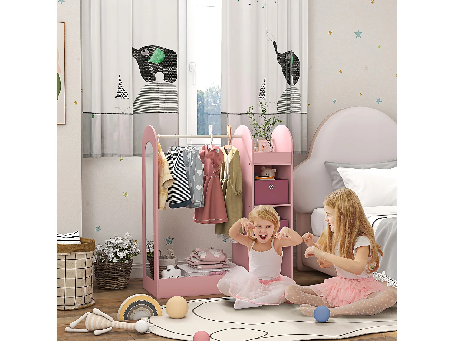 Appendiabiti per bambini con ripiani scatole e specchio rosa