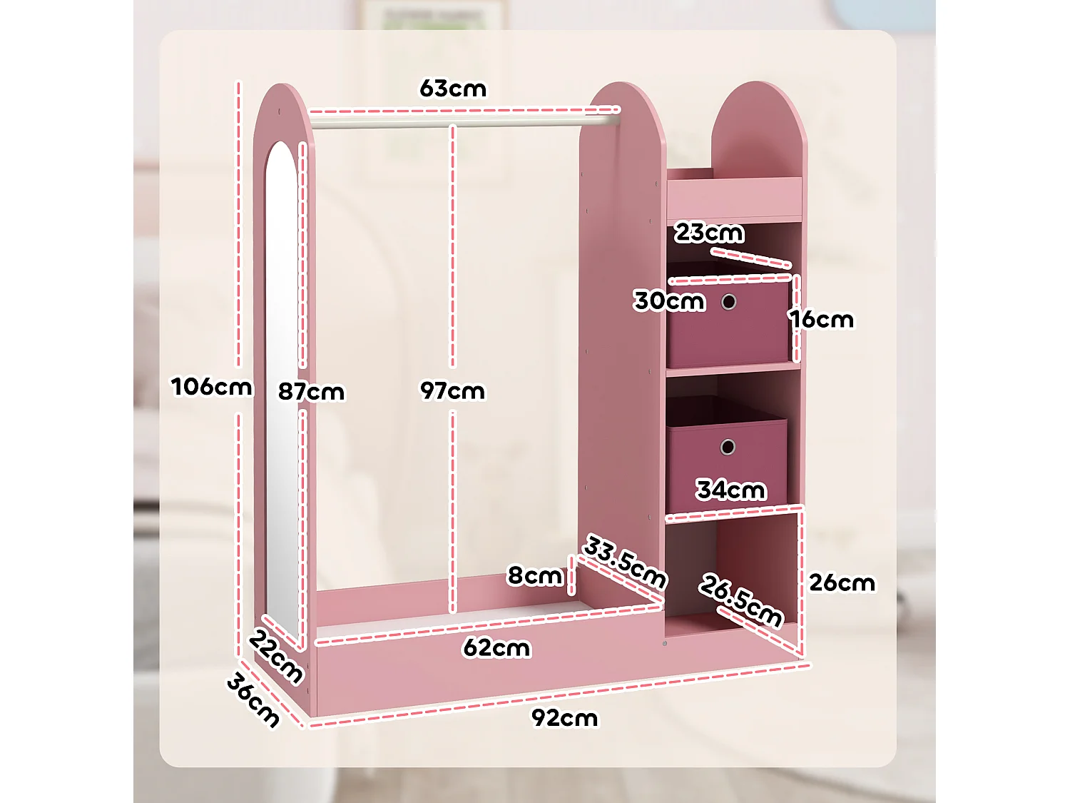 Appendiabiti per bambini con ripiani scatole e specchio rosa