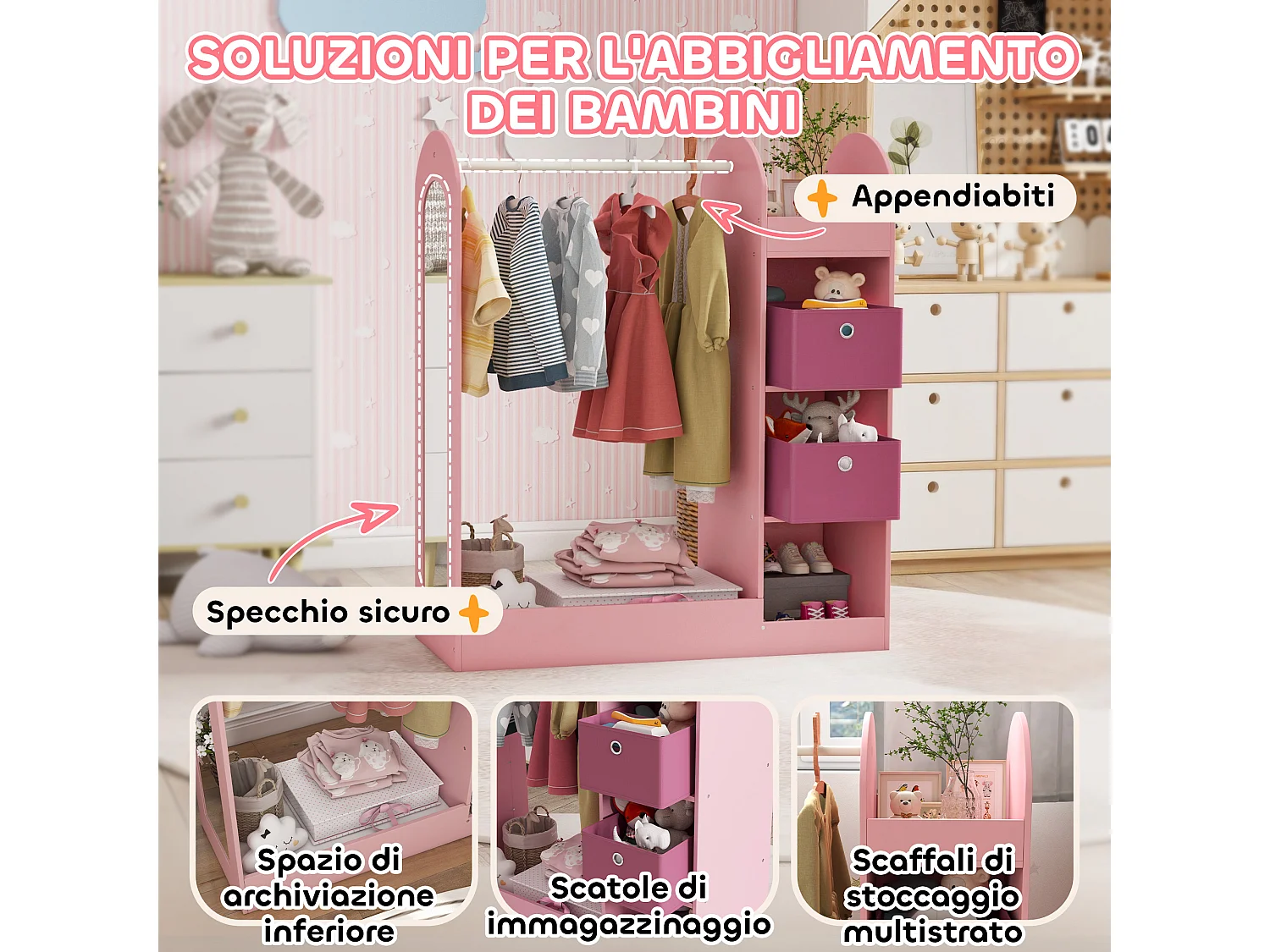 Appendiabiti per bambini con ripiani scatole e specchio rosa
