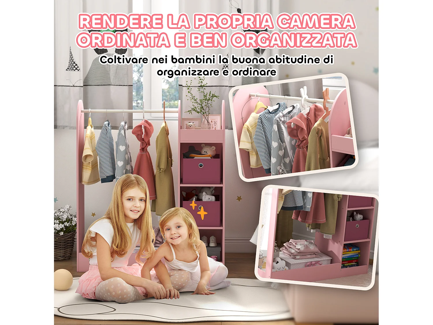 Appendiabiti per bambini con ripiani scatole e specchio rosa