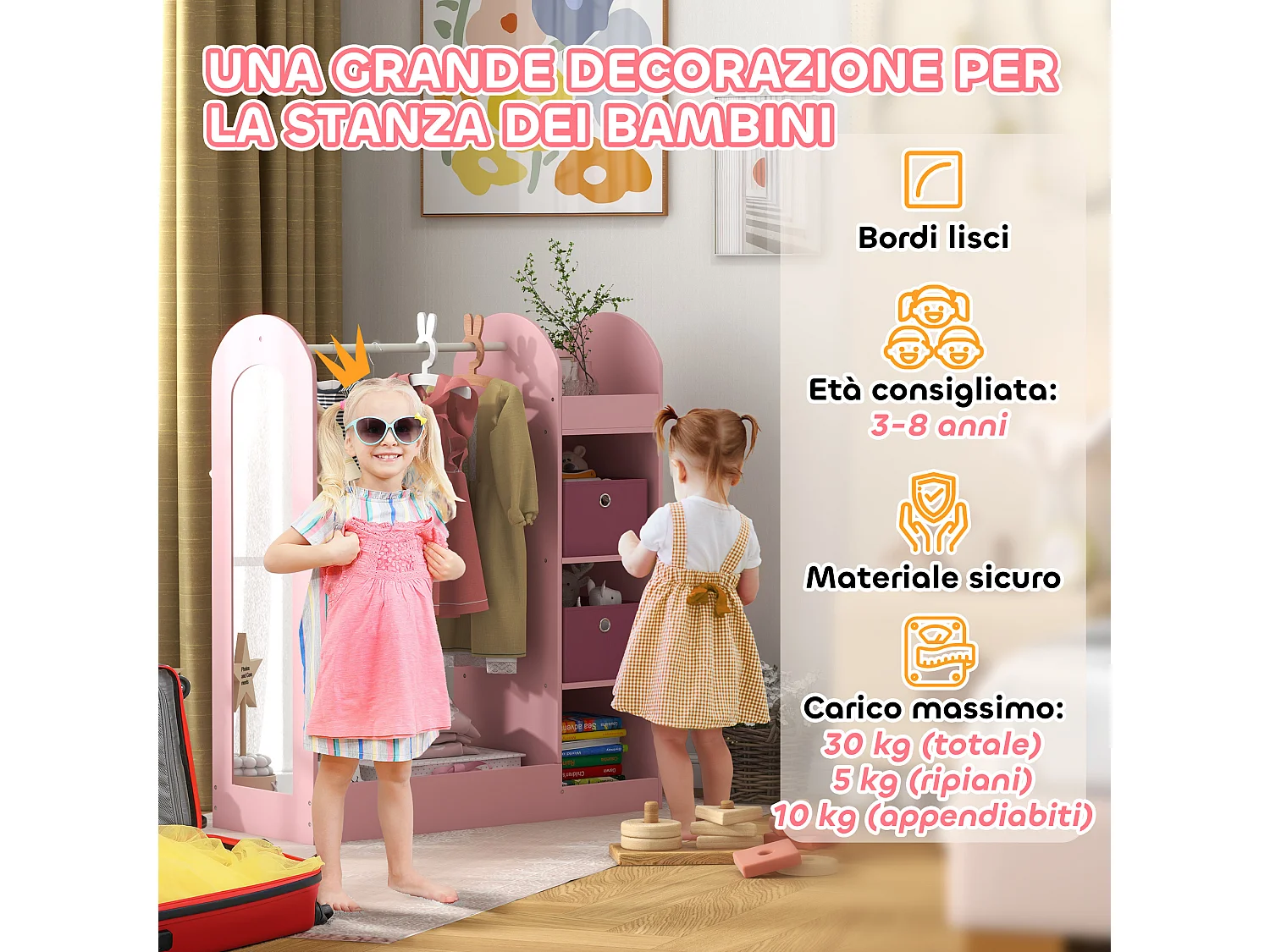 Appendiabiti per bambini con ripiani scatole e specchio rosa