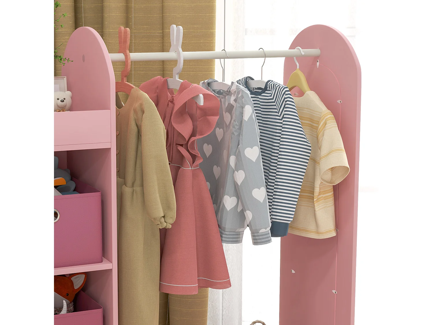 Appendiabiti per bambini con ripiani scatole e specchio rosa