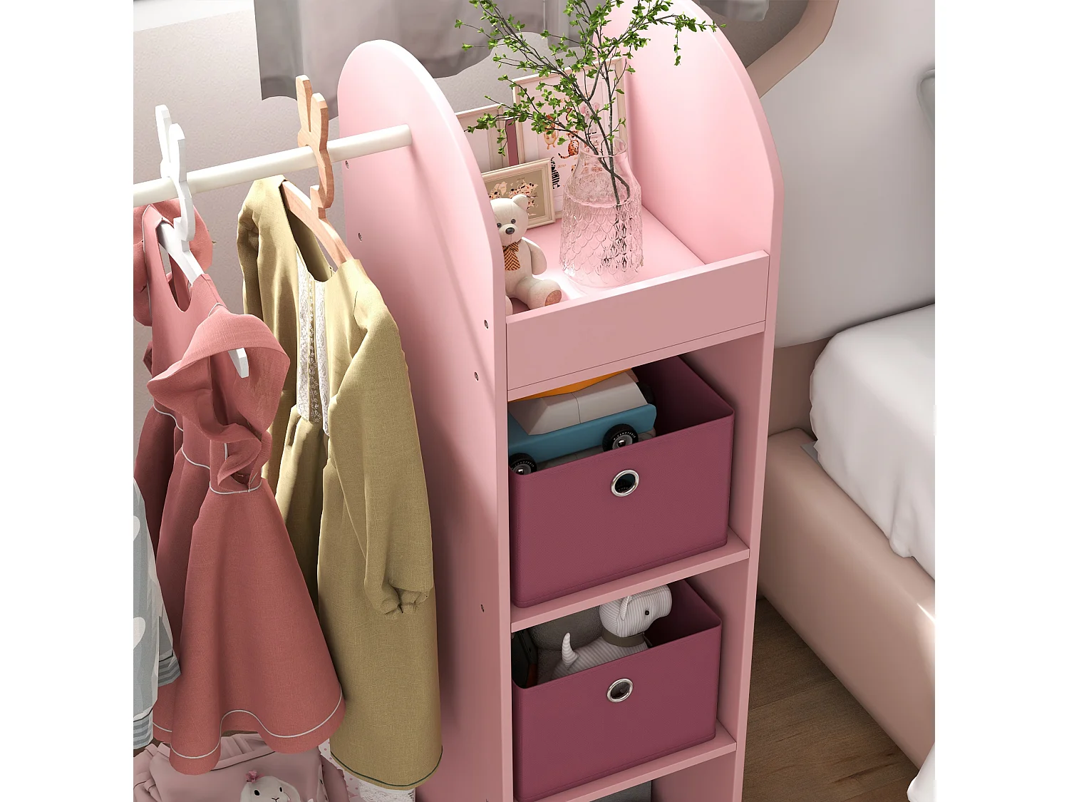 Appendiabiti per bambini con ripiani scatole e specchio rosa