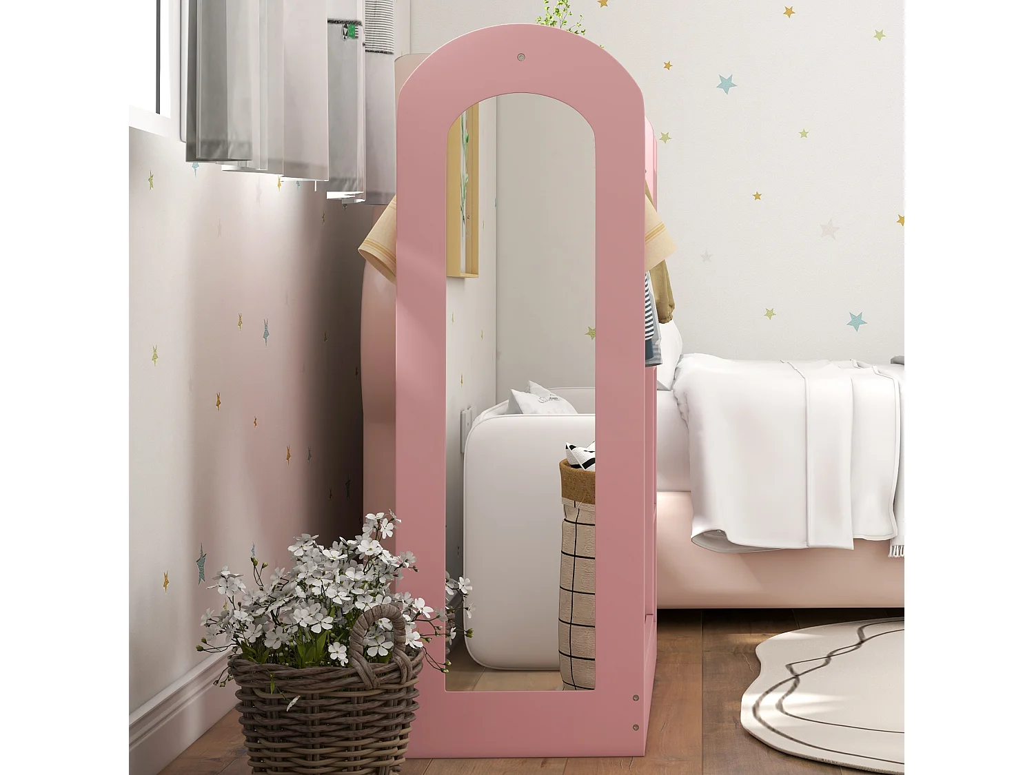 Appendiabiti per bambini con ripiani scatole e specchio rosa