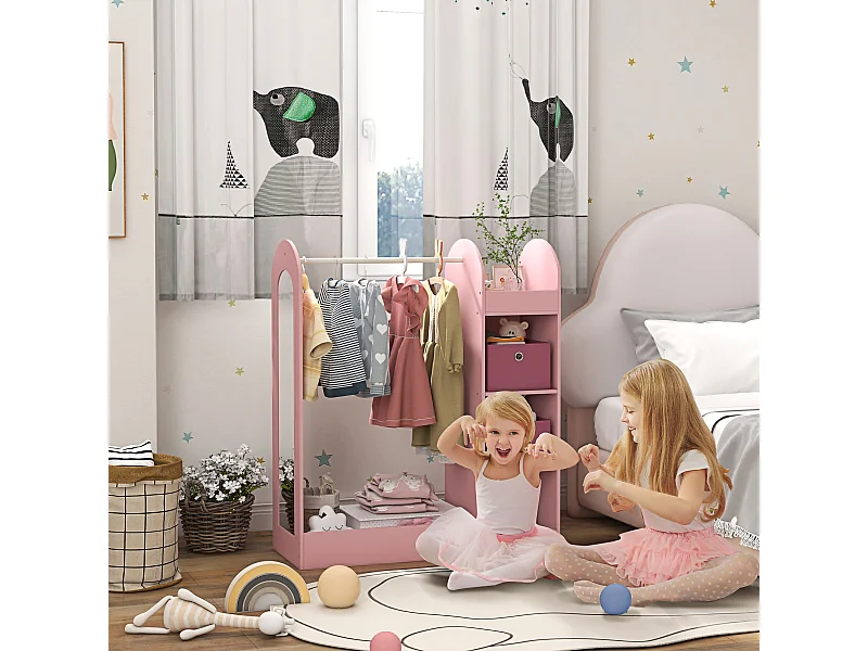 Appendiabiti per bambini con ripiani scatole e specchio rosa
