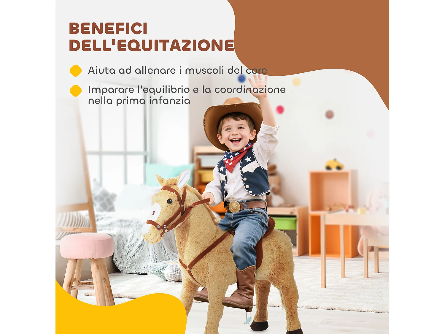 Cavallo giocattolo con sella, briglie e poggiapiedi 85x28x60 cm beige