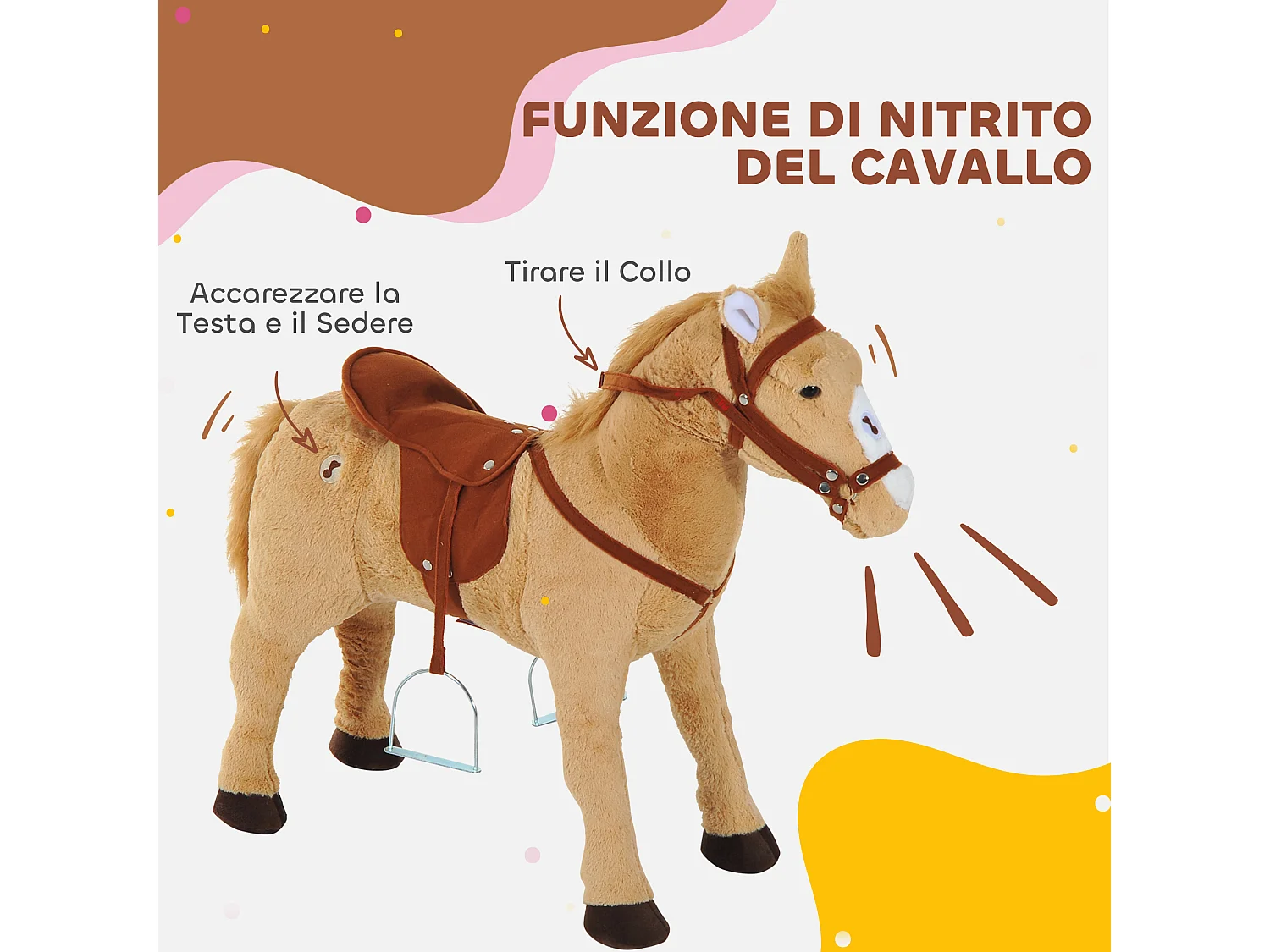 Cavallo giocattolo con sella, briglie e poggiapiedi 85x28x60 cm beige