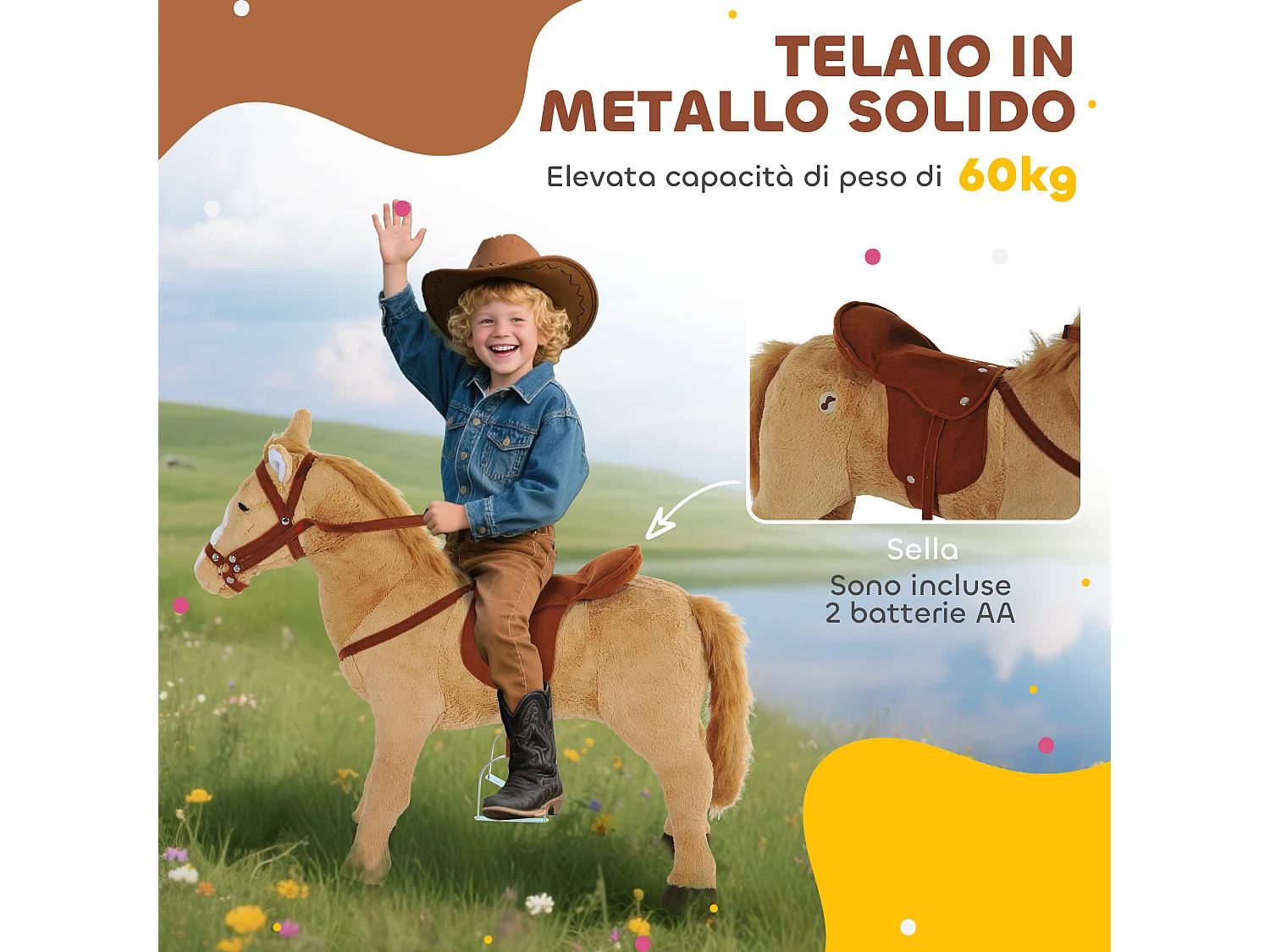 Cavallo giocattolo con sella, briglie e poggiapiedi 85x28x60 cm beige
