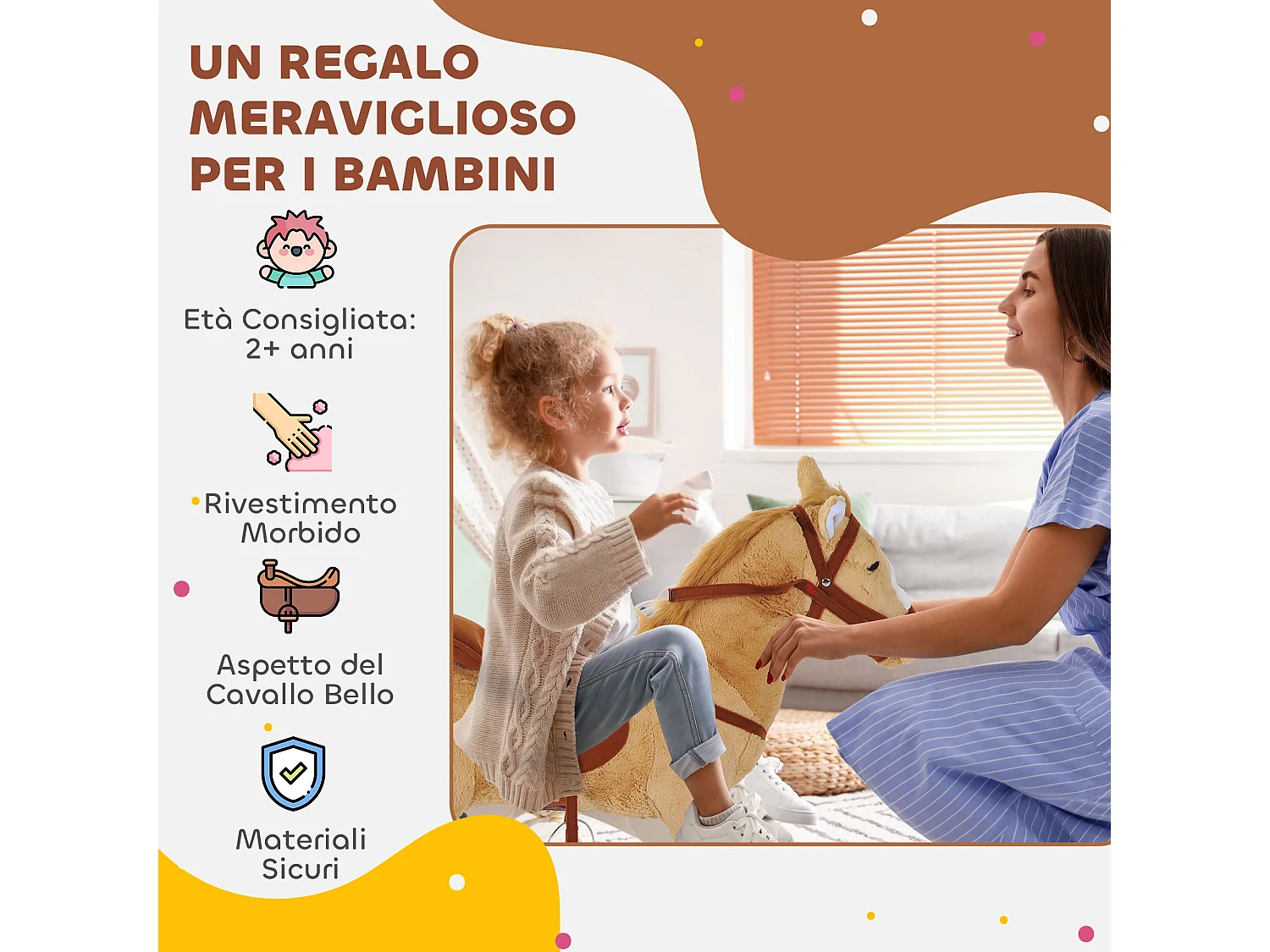 Cavallo giocattolo con sella, briglie e poggiapiedi 85x28x60 cm beige