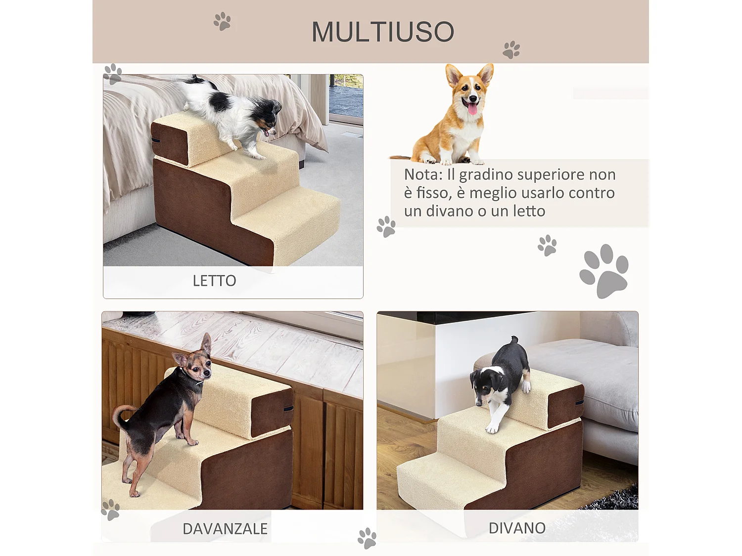 PawHut Scala per Cani e Cuccioli 3 Gradini Rimovibili e Antiscivolo