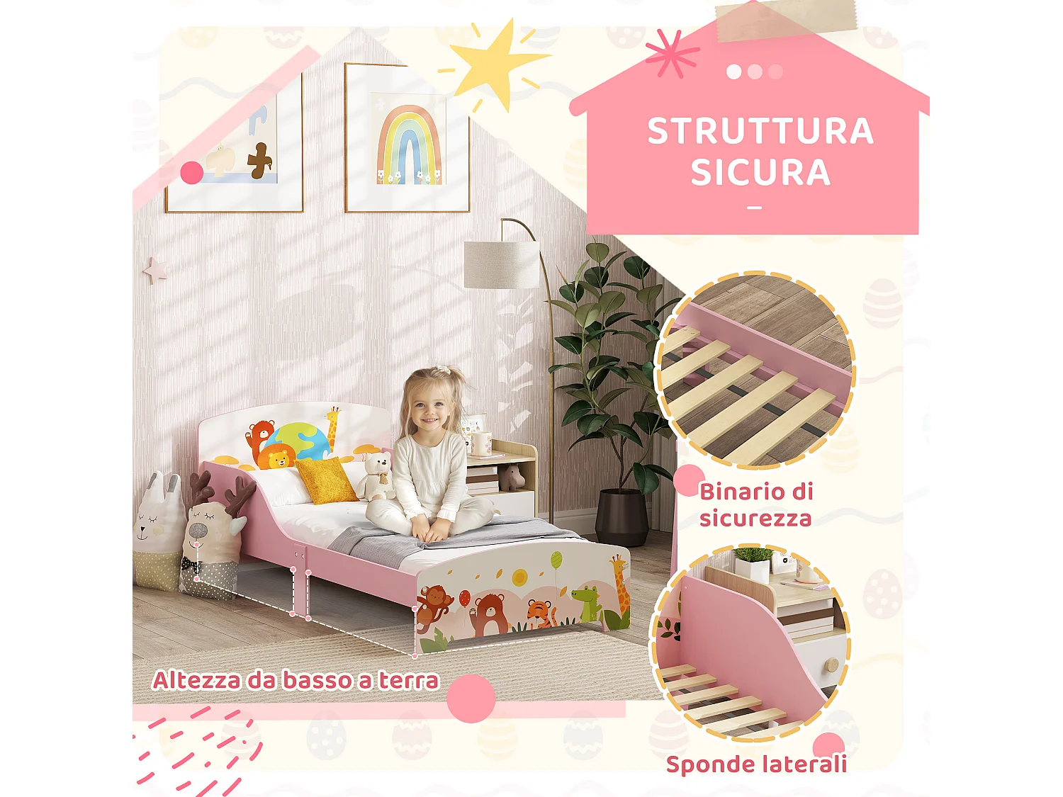 Lettino per bambini 3+ anni con bordi rialzati e sponde rosa