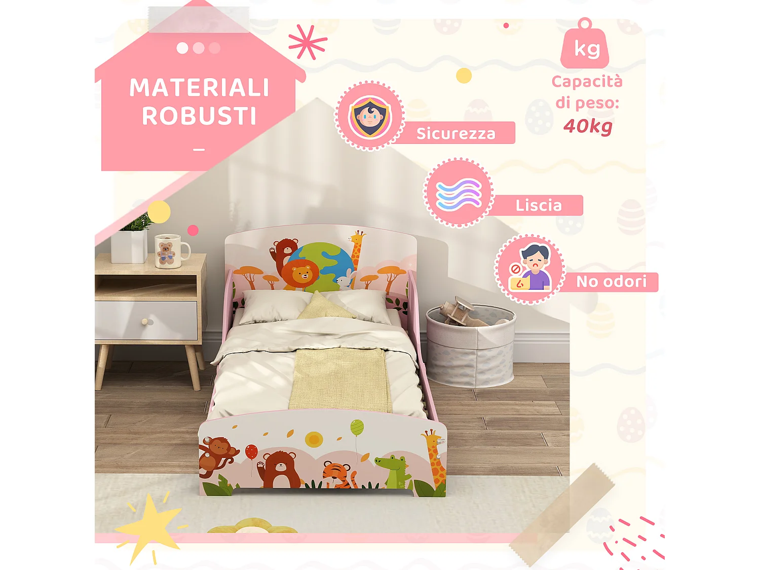 Lettino per bambini 3+ anni con bordi rialzati e sponde rosa