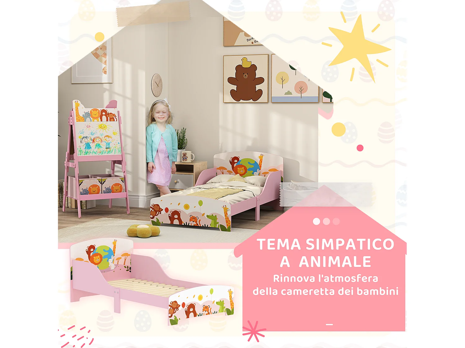 Lettino per bambini 3+ anni con bordi rialzati e sponde rosa