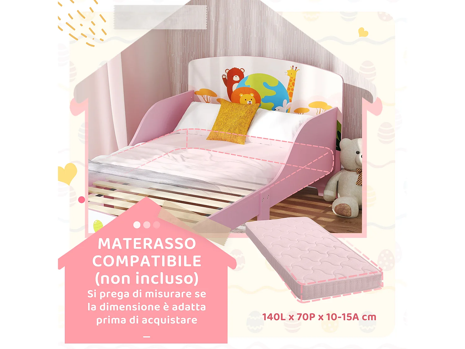 Lettino per bambini 3+ anni con bordi rialzati e sponde rosa