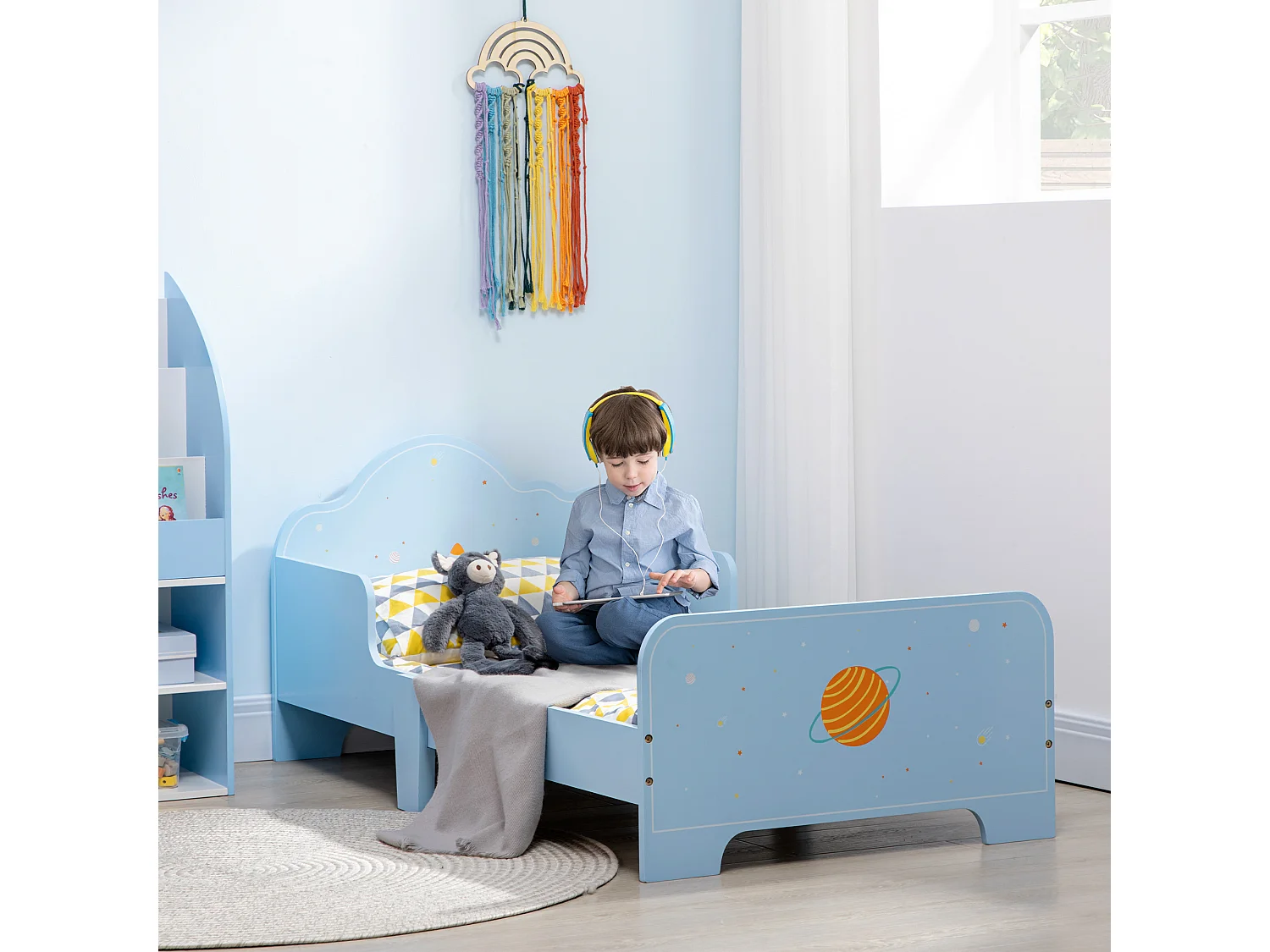 Letto per bambini con sponde e fantasia spaziale età 3-6 anni azzurro