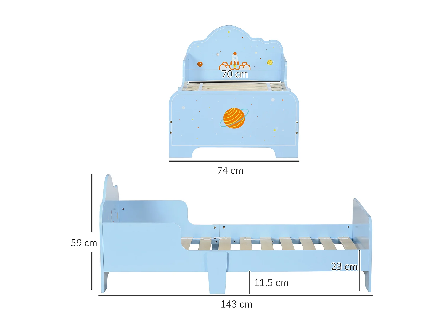 Letto per bambini con sponde e fantasia spaziale età 3-6 anni azzurro