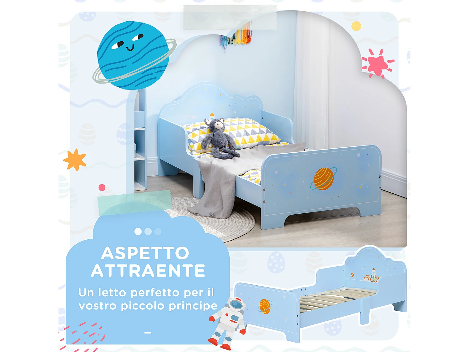 Letto per bambini con sponde e fantasia spaziale età 3-6 anni azzurro