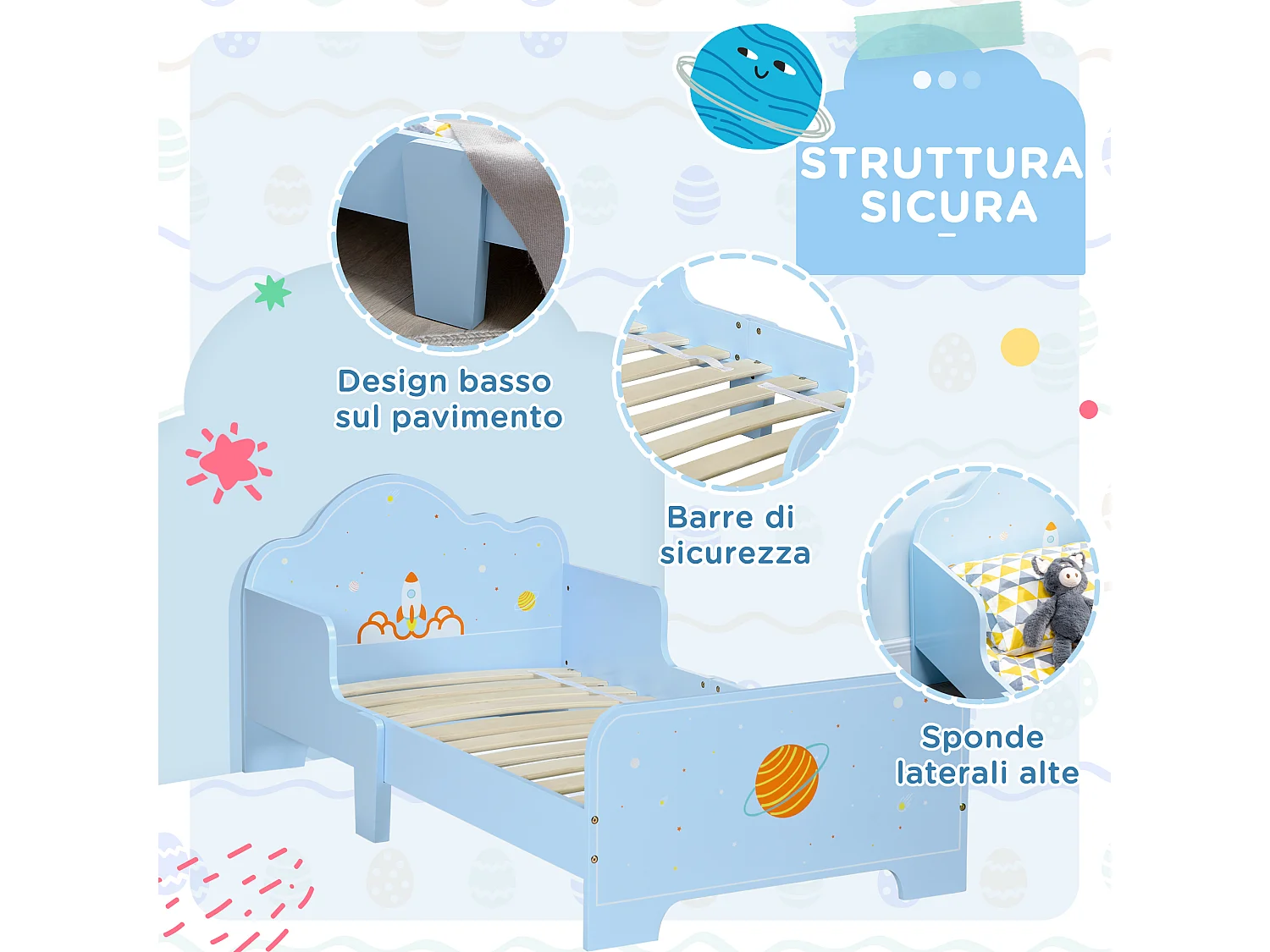 Letto per bambini con sponde e fantasia spaziale età 3-6 anni azzurro