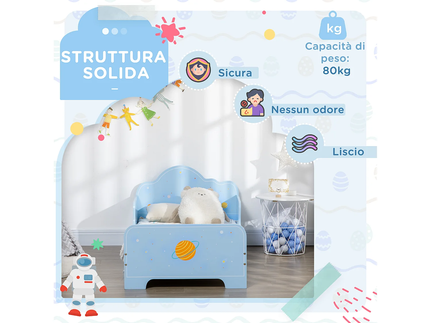 Letto per bambini con sponde e fantasia spaziale età 3-6 anni azzurro