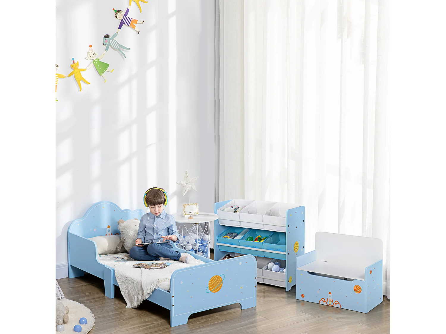 Letto per bambini con sponde e fantasia spaziale età 3-6 anni azzurro