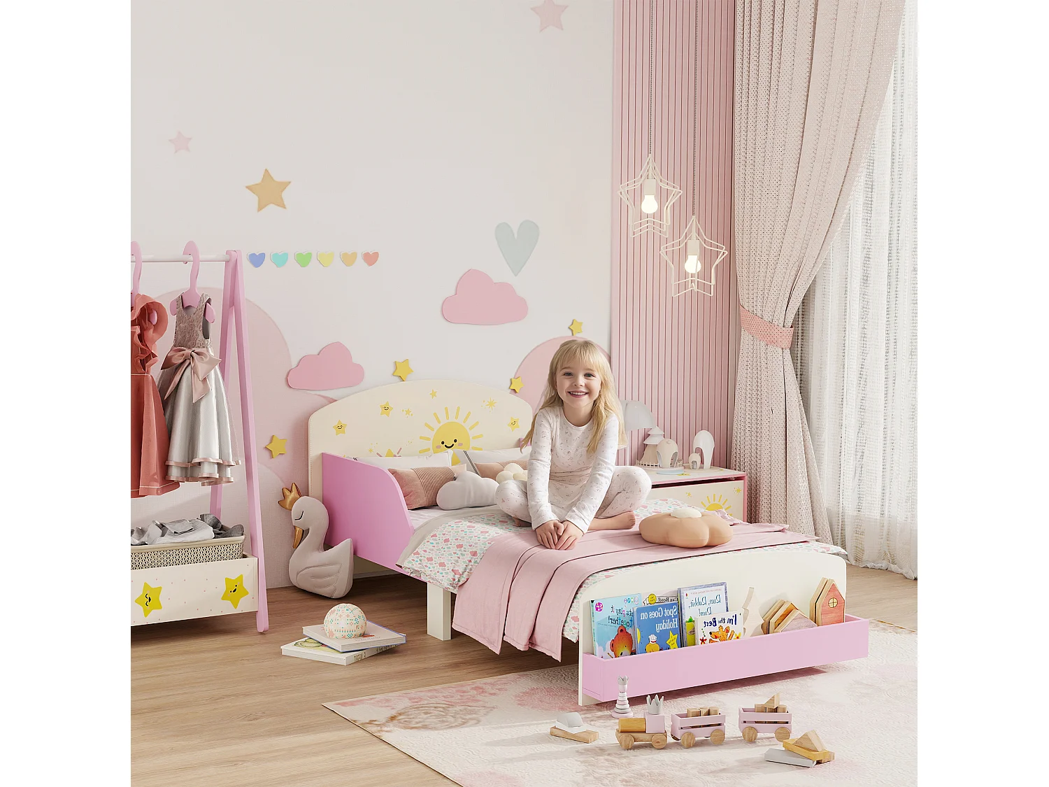 Letto per bambini con spazio contenitore e sponde laterali rosa